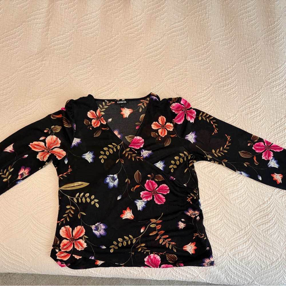 Express Floral Wrap Blouse Size Large Black Long Sleeve Top